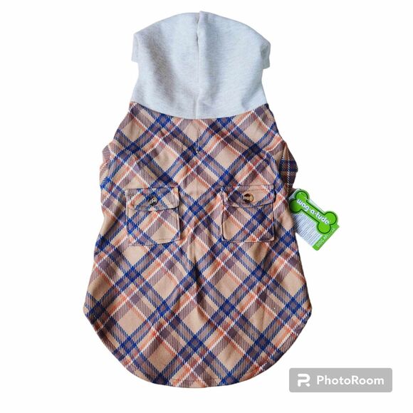 Wag-a-Tude Dog Flannel Hoodie Size M Brown Blue Plaid Shirt Pockets Warm NEW - Picture 1 of 5
